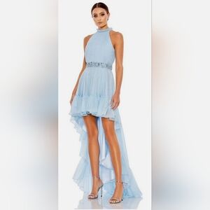 MAC DUGGAL Halter Neck High Low Flowy Gown In Ice Blue - Size 2